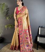 beige tissue zari weaving minakari work paithani saree with mor border