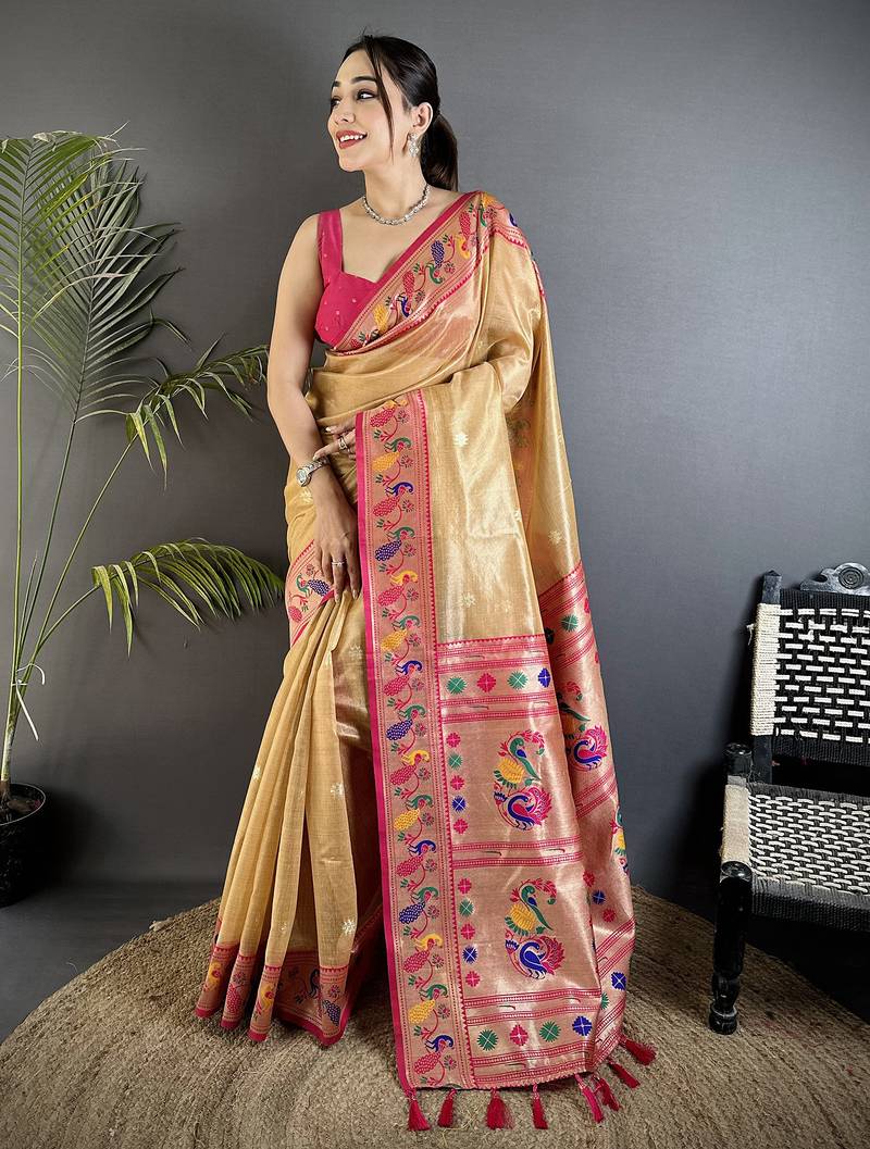 beige tissue zari weaving minakari work paithani saree with mor border