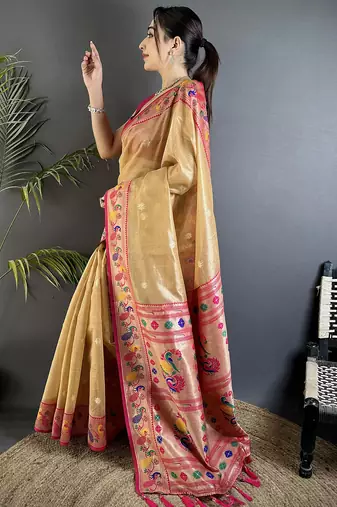 beige tissue zari weaving minakari work paithani saree with mor border