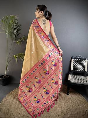 beige tissue zari weaving minakari work paithani saree with mor border 3