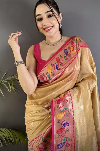 beige tissue zari weaving minakari work paithani saree with mor border