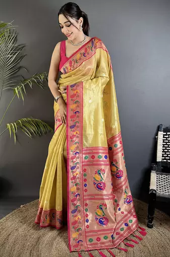golden yellow tissue zari weaving minakari work paithani saree with mor border