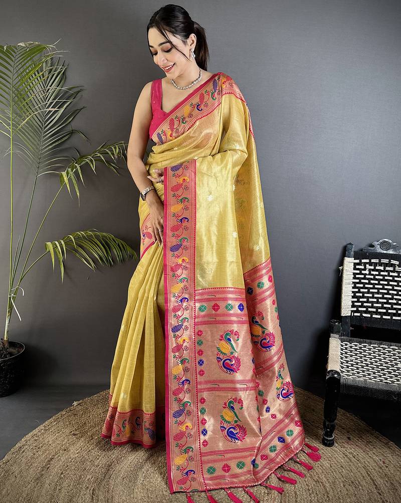 golden yellow tissue zari weaving minakari work paithani saree with mor border