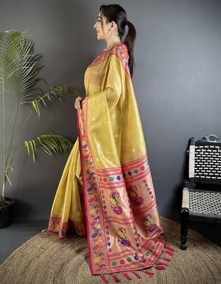 golden yellow tissue zari weaving minakari work paithani saree with mor border 2