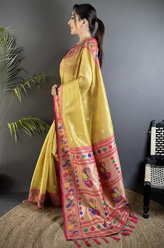 golden yellow tissue zari weaving minakari work paithani saree with mor border
