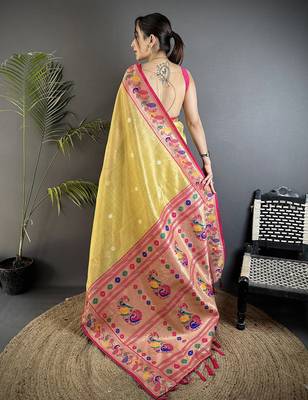 golden yellow tissue zari weaving minakari work paithani saree with mor border 3