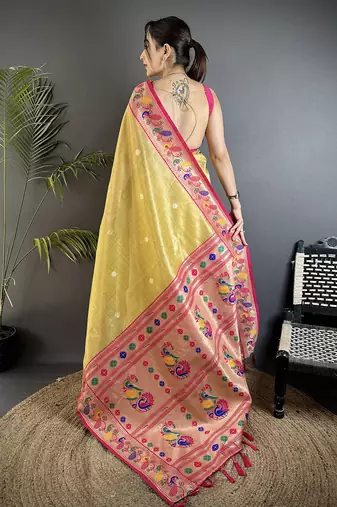 golden yellow tissue zari weaving minakari work paithani saree with mor border