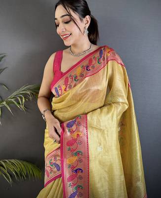 golden yellow tissue zari weaving minakari work paithani saree with mor border 4