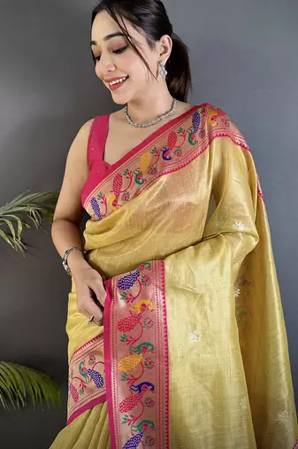 golden yellow tissue zari weaving minakari work paithani saree with mor border