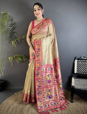 beige tissue zari weaving minakari work paithani saree with mor border 1