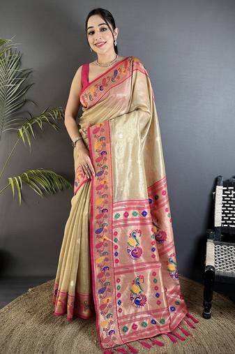 beige tissue zari weaving minakari work paithani saree with mor border