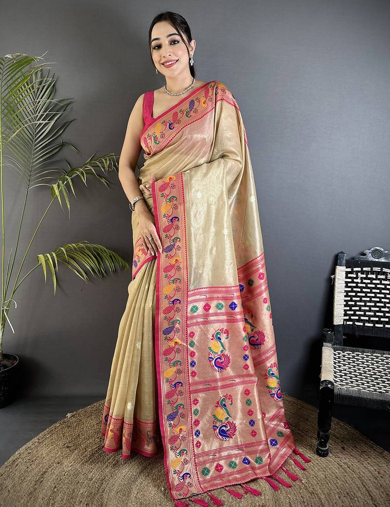 beige tissue zari weaving minakari work paithani saree with mor border
