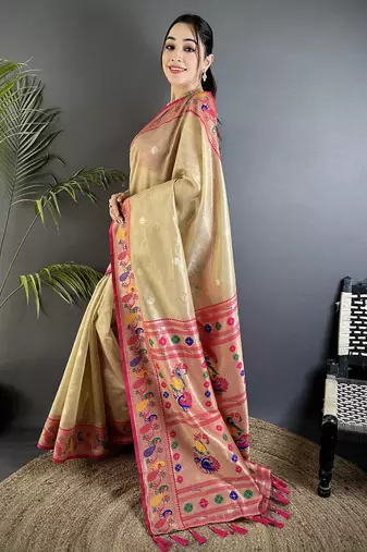 beige tissue zari weaving minakari work paithani saree with mor border