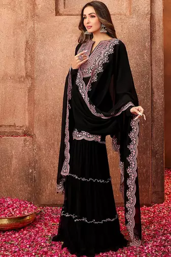 Malaika arora black ethnic motifs thread work kurta with sharara & dupatta