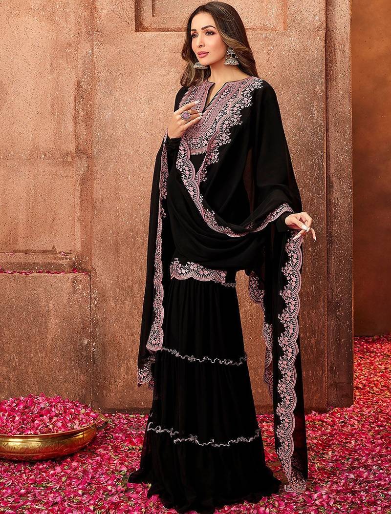 Malaika arora black ethnic motifs thread work kurta with sharara & dupatta