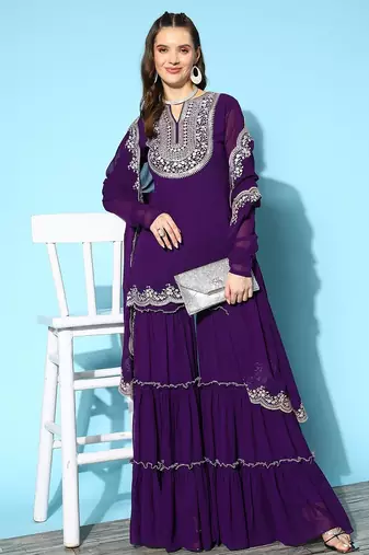 Malaika arora purple ethnic motifs thread work kurta with sharara & dupatta