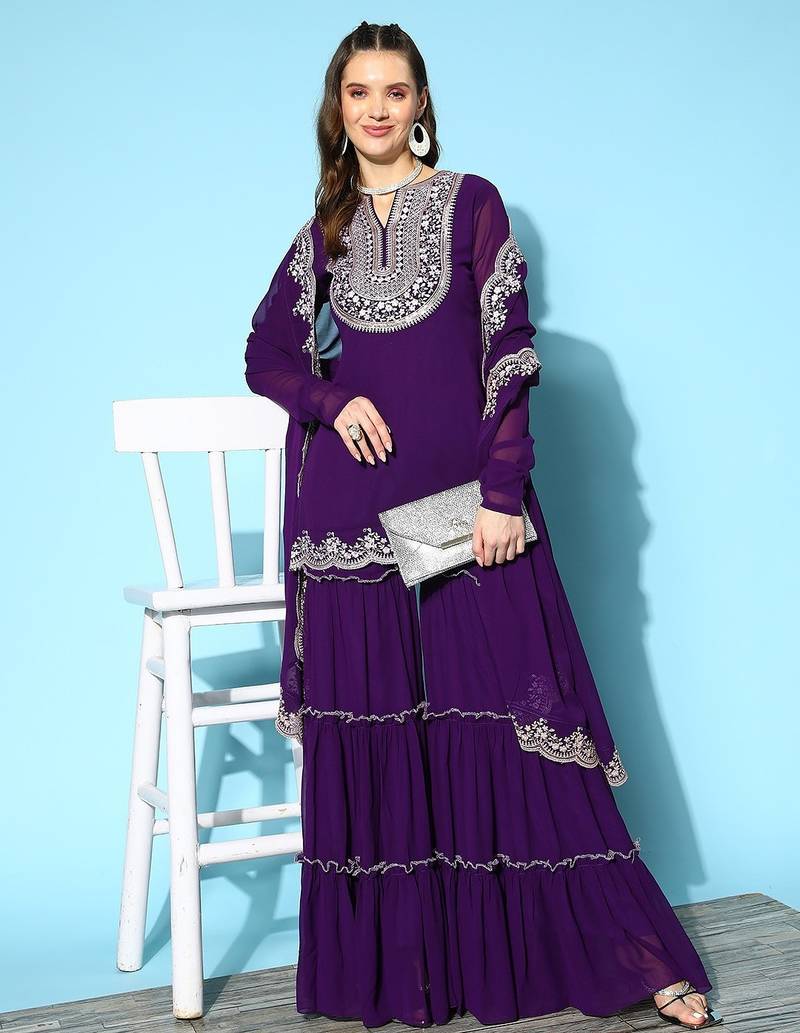Malaika arora purple ethnic motifs thread work kurta with sharara & dupatta