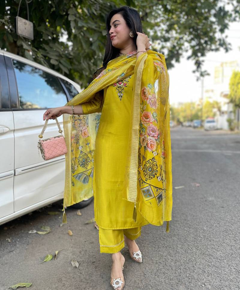 Lemon embroidered chanderi trendy salwar kameez