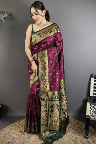 wine soft silk blend intricate motifs zari weaving banarasi saree with contrast weaving border