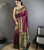 wine soft silk blend intricate motifs zari weaving banarasi saree with contrast weaving border