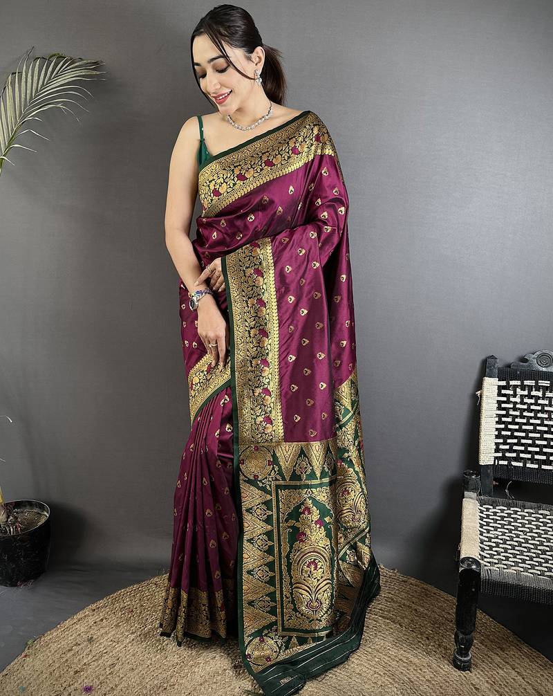 wine soft silk blend intricate motifs zari weaving banarasi saree with contrast weaving border