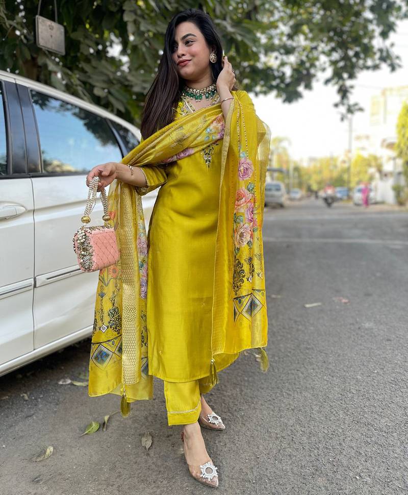 Lemon embroidered chanderi trendy salwar kameez