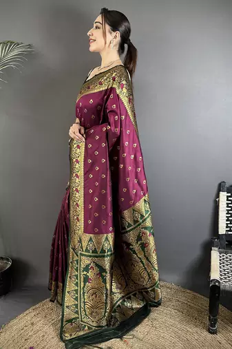 wine soft silk blend intricate motifs zari weaving banarasi saree with contrast weaving border