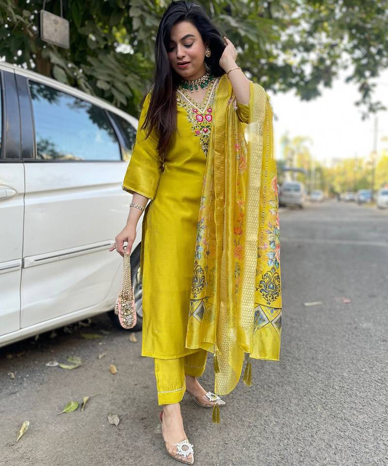 Lemon embroidered chanderi trendy salwar kameez