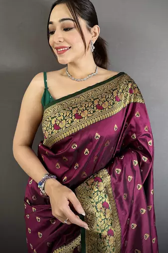 wine soft silk blend intricate motifs zari weaving banarasi saree with contrast weaving border