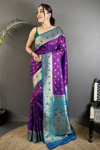purple soft silk blend intricate motifs zari weaving banarasi saree with contrast weaving border