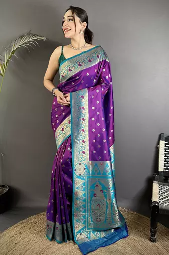 purple soft silk blend intricate motifs zari weaving banarasi saree with contrast weaving border