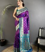 purple soft silk blend intricate motifs zari weaving banarasi saree with contrast weaving border