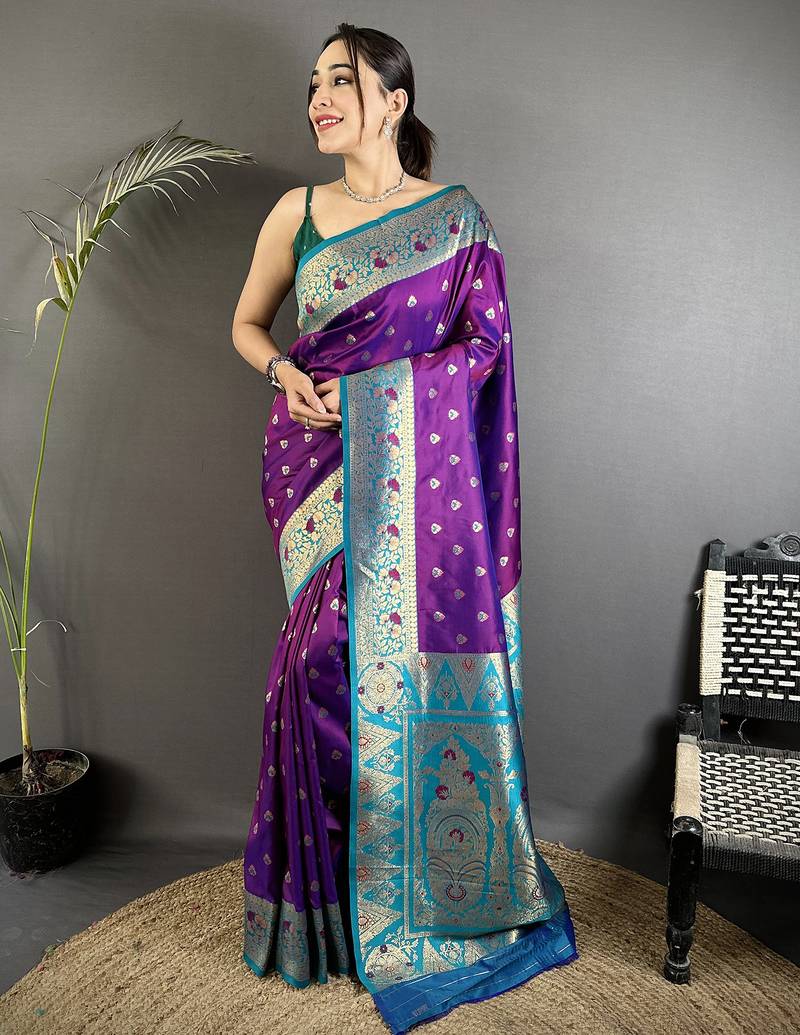 purple soft silk blend intricate motifs zari weaving banarasi saree with contrast weaving border