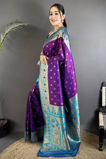 purple soft silk blend intricate motifs zari weaving banarasi saree with contrast weaving border