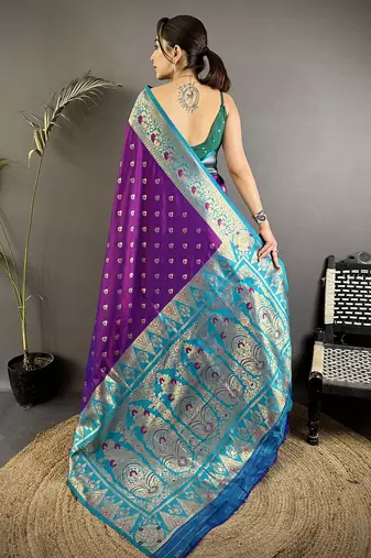purple soft silk blend intricate motifs zari weaving banarasi saree with contrast weaving border