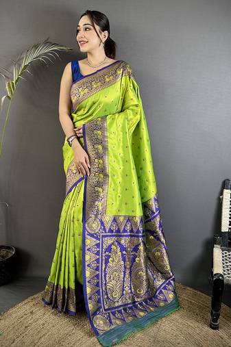 green soft silk blend intricate motifs zari weaving banarasi saree with contrast weaving border