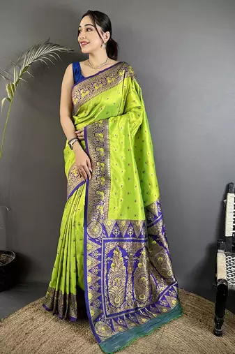 green soft silk blend intricate motifs zari weaving banarasi saree with contrast weaving border