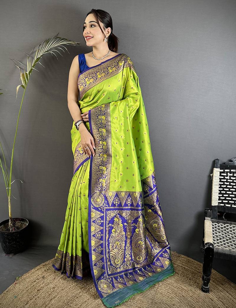 green soft silk blend intricate motifs zari weaving banarasi saree with contrast weaving border