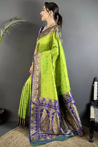 green soft silk blend intricate motifs zari weaving banarasi saree with contrast weaving border