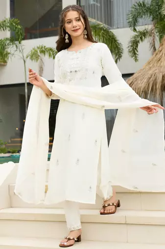 Embroidered white rayon readymade salwar kameez