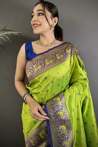 green soft silk blend intricate motifs zari weaving banarasi saree with contrast weaving border