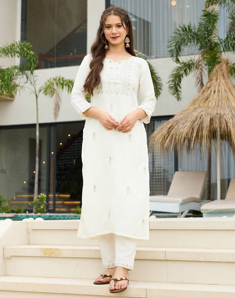 Embroidered white rayon readymade salwar kameez