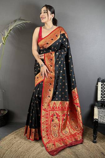 black soft silk blend intricate motifs zari weaving banarasi saree with contrast weaving border