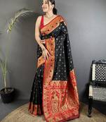black soft silk blend intricate motifs zari weaving banarasi saree with contrast weaving border