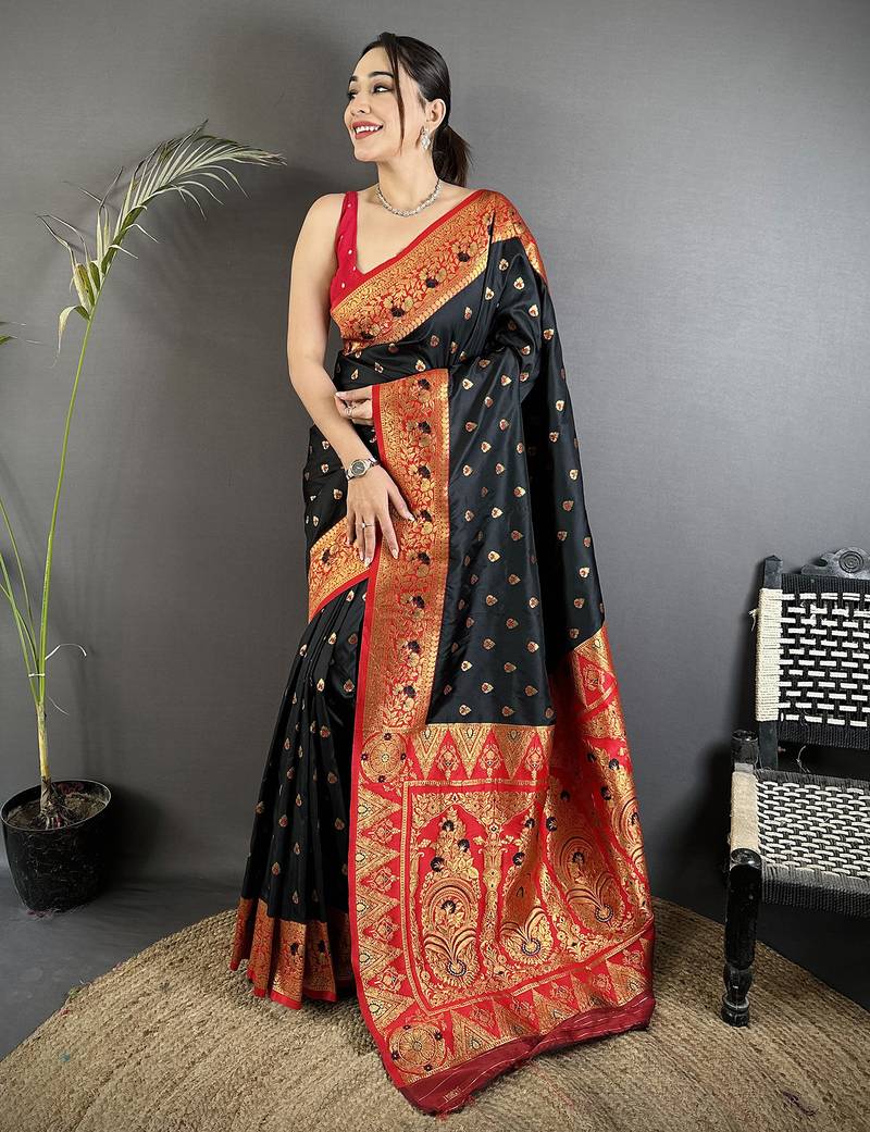 black soft silk blend intricate motifs zari weaving banarasi saree with contrast weaving border