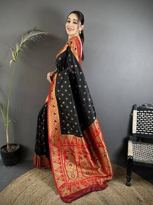 black soft silk blend intricate motifs zari weaving banarasi saree with contrast weaving border 2
