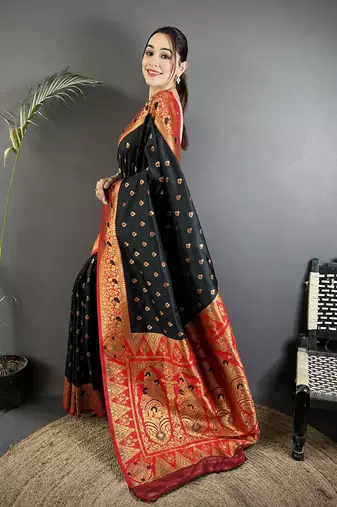 black soft silk blend intricate motifs zari weaving banarasi saree with contrast weaving border