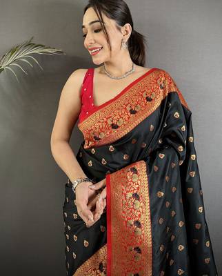 black soft silk blend intricate motifs zari weaving banarasi saree with contrast weaving border 4