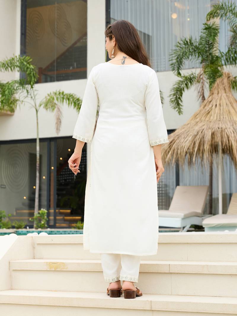 Embroidered white rayon readymade salwar kameez