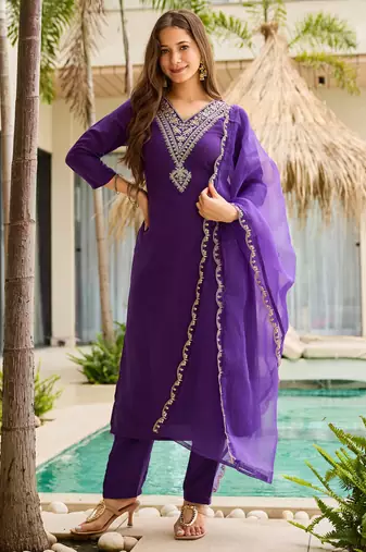 Embroidered rayon readymade salwar kameez in violet